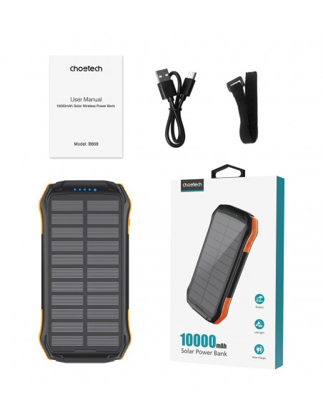 
10000mAh saulės energija varomas išorinis akumuliatorius su Qi 5W indukciniu įkrovikliu, oranžinis
