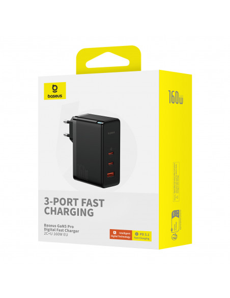 
PRO 160W GaN GaN5 sieninis įkroviklis, 2x USB-C / USB-A + USB-C laidas, juodas
