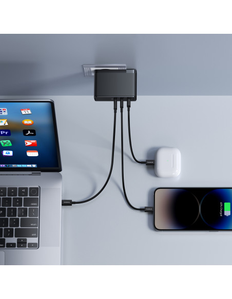 
PRO 160W GaN GaN5 sieninis įkroviklis, 2x USB-C / USB-A + USB-C laidas, juodas
