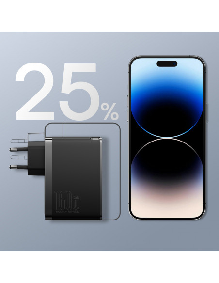 
PRO 160W GaN GaN5 sieninis įkroviklis, 2x USB-C / USB-A + USB-C laidas, juodas
