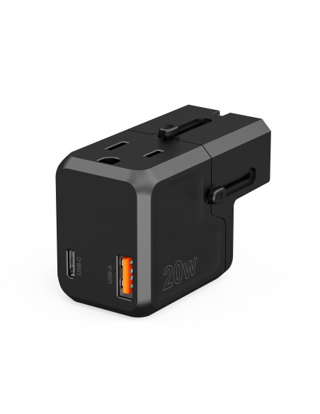 
Universalus USB-C USB-A PD 20W kelioninis įkroviklis JAV ES JK AU kištukai juodi
