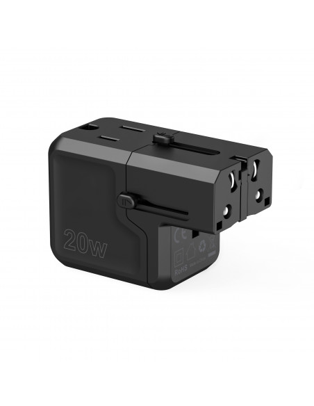 
Universalus USB-C USB-A PD 20W kelioninis įkroviklis JAV ES JK AU kištukai juodi
