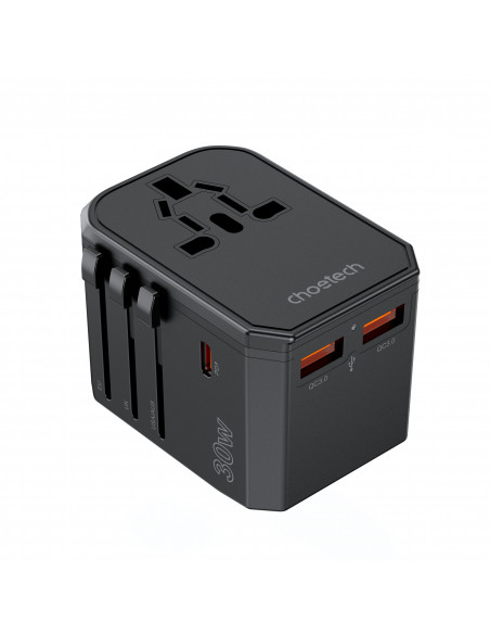 
Universalus USB-C kelioninis įkroviklis 2x USB-A PD 30W JAV ES JK AU kištukai juodi
