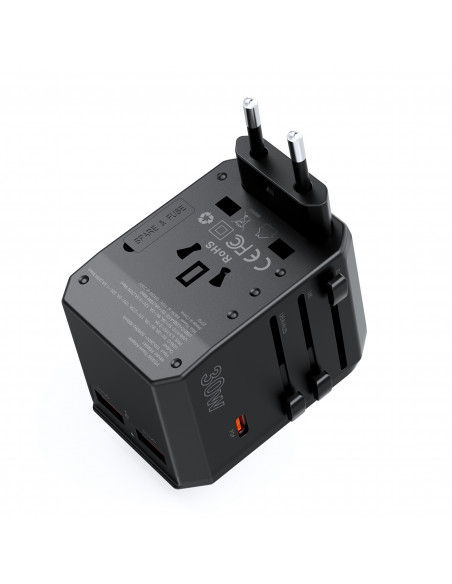 
Universalus USB-C kelioninis įkroviklis 2x USB-A PD 30W JAV ES JK AU kištukai juodi
