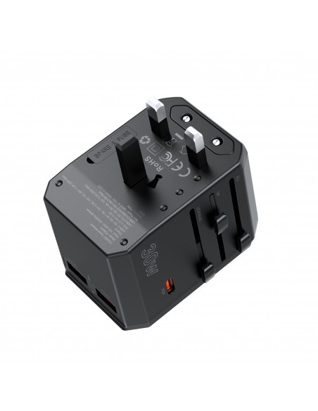 
Universalus USB-C kelioninis įkroviklis 2x USB-A PD 30W JAV ES JK AU kištukai juodi
