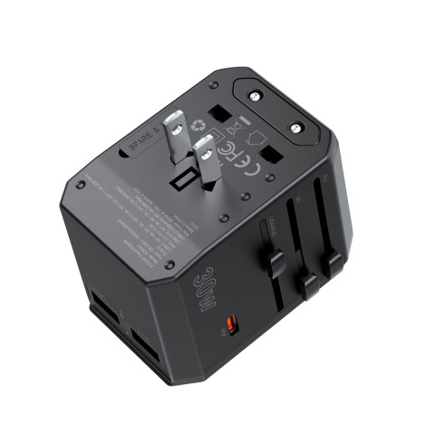 
Universalus USB-C kelioninis įkroviklis 2x USB-A PD 30W JAV ES JK AU kištukai juodi
