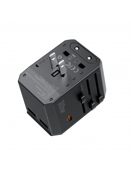 
Universalus USB-C kelioninis įkroviklis 2x USB-A PD 30W JAV ES JK AU kištukai juodi
