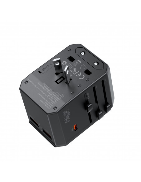 
Universalus USB-C kelioninis įkroviklis 2x USB-A PD 30W JAV ES JK AU kištukai juodi
