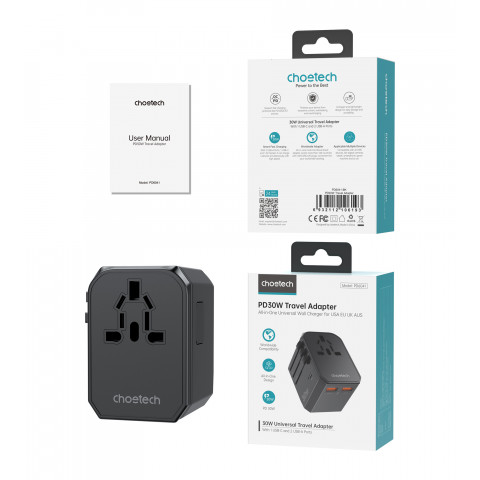 
Universalus USB-C kelioninis įkroviklis 2x USB-A PD 30W JAV ES JK AU kištukai juodi
