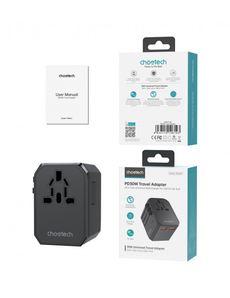 
Universalus USB-C kelioninis įkroviklis 2x USB-A PD 30W JAV ES JK AU kištukai juodi
