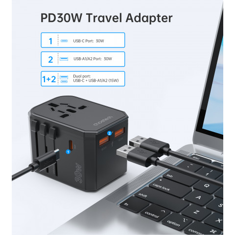 
Universalus USB-C kelioninis įkroviklis 2x USB-A PD 30W JAV ES JK AU kištukai juodi
