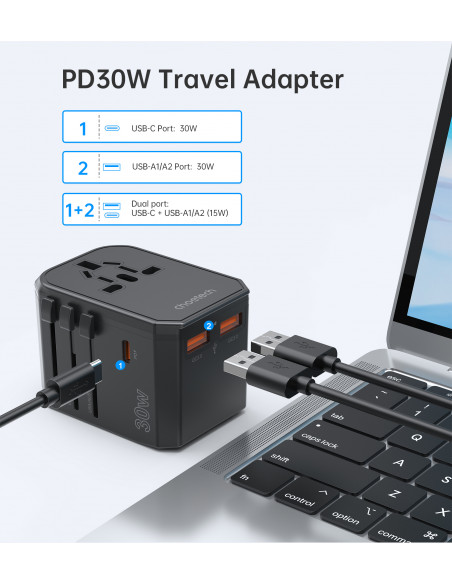 
Universalus USB-C kelioninis įkroviklis 2x USB-A PD 30W JAV ES JK AU kištukai juodi
