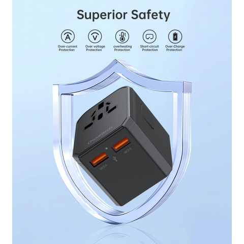 
Universalus USB-C kelioninis įkroviklis 2x USB-A PD 30W JAV ES JK AU kištukai juodi
