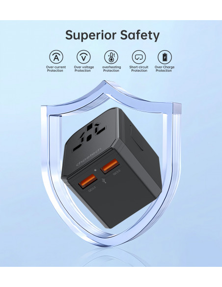 
Universalus USB-C kelioninis įkroviklis 2x USB-A PD 30W JAV ES JK AU kištukai juodi
