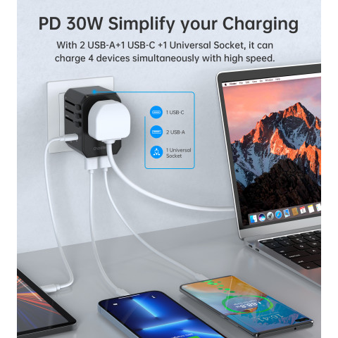 
Universalus USB-C kelioninis įkroviklis 2x USB-A PD 30W JAV ES JK AU kištukai juodi

