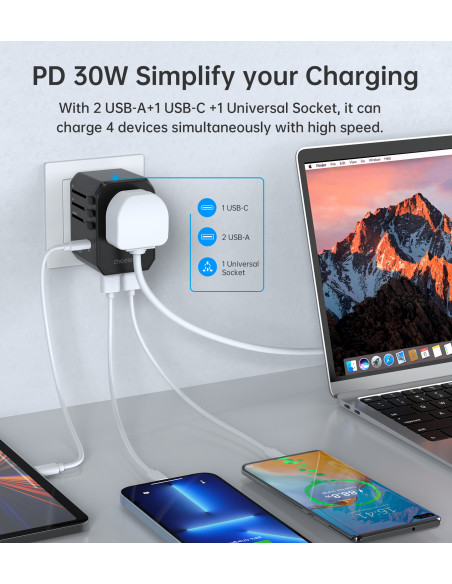 
Universalus USB-C kelioninis įkroviklis 2x USB-A PD 30W JAV ES JK AU kištukai juodi

