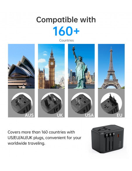 
Universalus USB-C kelioninis įkroviklis 2x USB-A PD 30W JAV ES JK AU kištukai juodi
