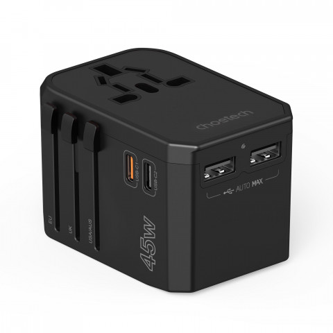 
Universalus kelioninis įkroviklis 2x USB-C 2x USB-A PD 45W JAV ES JK AU kištukai juodi
