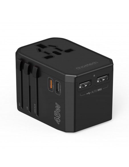 
Universalus kelioninis įkroviklis 2x USB-C 2x USB-A PD 45W JAV ES JK AU kištukai juodi
