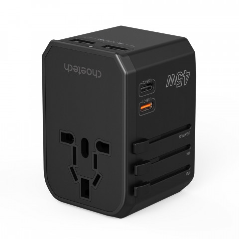 
Universalus kelioninis įkroviklis 2x USB-C 2x USB-A PD 45W JAV ES JK AU kištukai juodi
