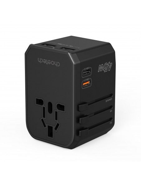 
Universalus kelioninis įkroviklis 2x USB-C 2x USB-A PD 45W JAV ES JK AU kištukai juodi
