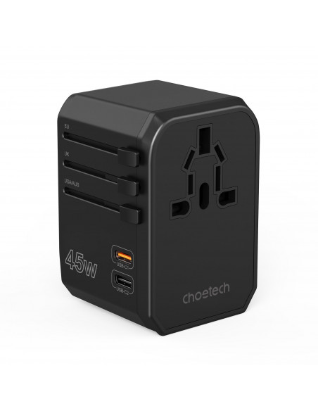 
Universalus kelioninis įkroviklis 2x USB-C 2x USB-A PD 45W JAV ES JK AU kištukai juodi
