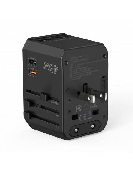 
Universalus kelioninis įkroviklis 2x USB-C 2x USB-A PD 45W JAV ES JK AU kištukai juodi
