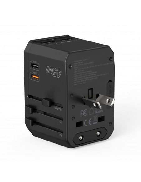 
Universalus kelioninis įkroviklis 2x USB-C 2x USB-A PD 45W JAV ES JK AU kištukai juodi

