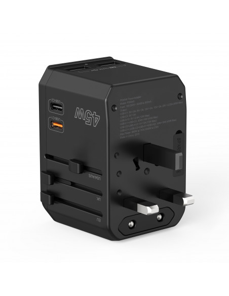 
Universalus kelioninis įkroviklis 2x USB-C 2x USB-A PD 45W JAV ES JK AU kištukai juodi
