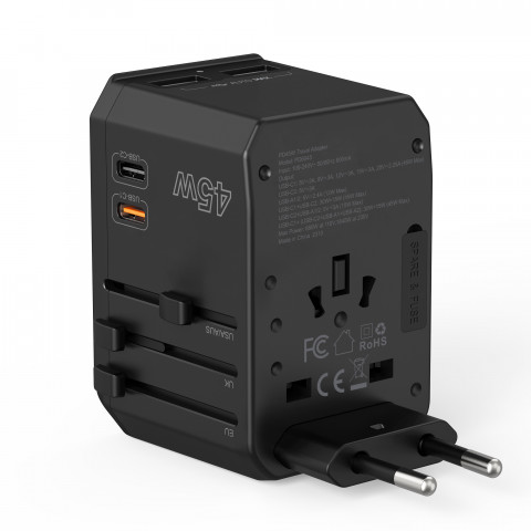 
Universalus kelioninis įkroviklis 2x USB-C 2x USB-A PD 45W JAV ES JK AU kištukai juodi
