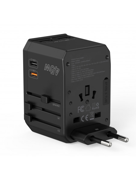
Universalus kelioninis įkroviklis 2x USB-C 2x USB-A PD 45W JAV ES JK AU kištukai juodi
