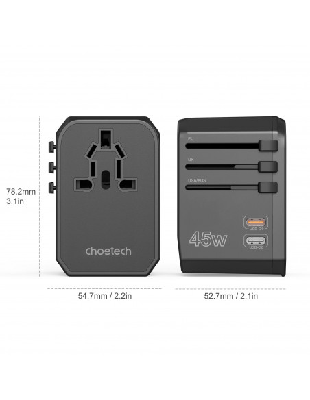 
Universalus kelioninis įkroviklis 2x USB-C 2x USB-A PD 45W JAV ES JK AU kištukai juodi
