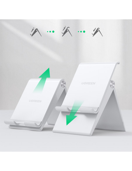 
Sulankstomas telefono ir planšetinio kompiuterio stovas su reguliuojamu aukščiu, baltas
