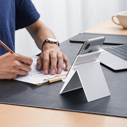 
Sulankstomas telefono ir planšetinio kompiuterio stovas su reguliuojamu aukščiu, baltas
