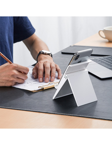
Sulankstomas telefono ir planšetinio kompiuterio stovas su reguliuojamu aukščiu, baltas
