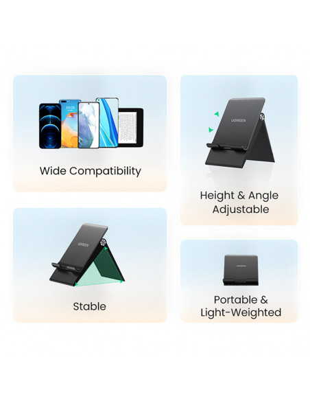 
Sulankstomas telefono ir planšetinio kompiuterio laikiklis su reguliuojamu aukščiu, juodas
