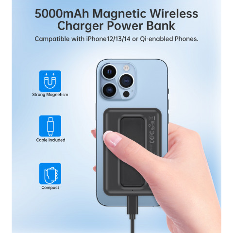 
Belaidis nešiojamasis akumuliatorius 10000mAh, „MagSafe“ USB-A ir USB-C, su stovo funkcija, juodas
