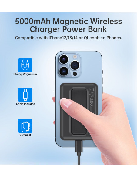 
Belaidis nešiojamasis akumuliatorius 10000mAh, „MagSafe“ USB-A ir USB-C, su stovo funkcija, juodas
