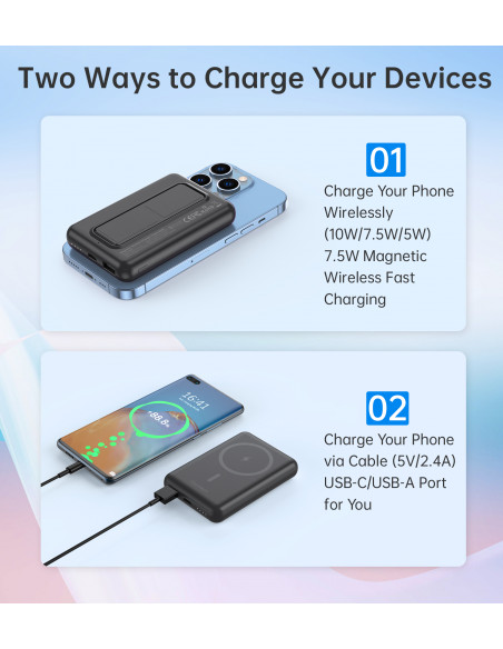 
Belaidis nešiojamasis akumuliatorius 10000mAh, „MagSafe“ USB-A ir USB-C, su stovo funkcija, juodas
