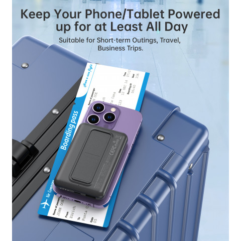 
Belaidis nešiojamasis akumuliatorius 10000mAh, „MagSafe“ USB-A ir USB-C, su stovo funkcija, juodas
