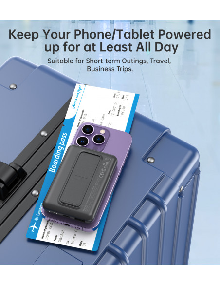 
Belaidis nešiojamasis akumuliatorius 10000mAh, „MagSafe“ USB-A ir USB-C, su stovo funkcija, juodas
