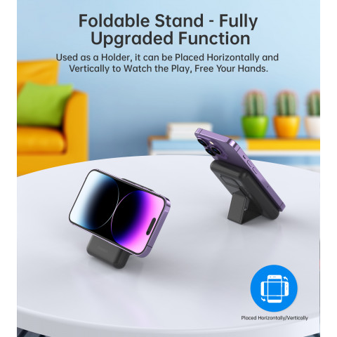 
Belaidis nešiojamasis akumuliatorius 10000mAh, „MagSafe“ USB-A ir USB-C, su stovo funkcija, juodas
