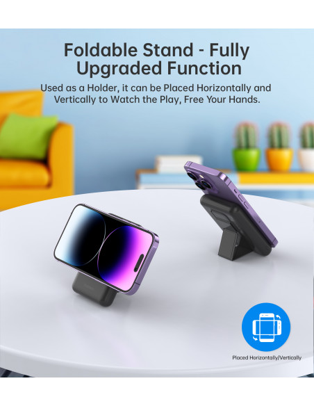 
Belaidis nešiojamasis akumuliatorius 10000mAh, „MagSafe“ USB-A ir USB-C, su stovo funkcija, juodas
