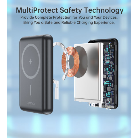 
Belaidis nešiojamasis akumuliatorius 10000mAh, „MagSafe“ USB-A ir USB-C, su stovo funkcija, juodas
