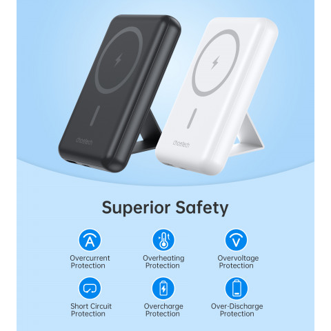 
Belaidis nešiojamasis akumuliatorius 10000mAh, „MagSafe“ USB-A ir USB-C, su stovo funkcija, juodas
