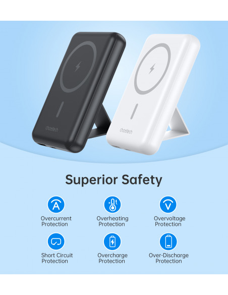 
Belaidis nešiojamasis akumuliatorius 10000mAh, „MagSafe“ USB-A ir USB-C, su stovo funkcija, juodas
