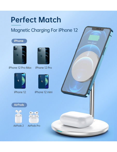 
2in1 belaidis įkroviklis ir „MagSafe Qi“ stovas + USB-C laidas, baltas
