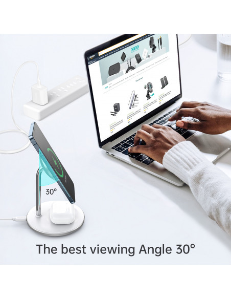 
2in1 belaidis įkroviklis ir „MagSafe Qi“ stovas + USB-C laidas, baltas
