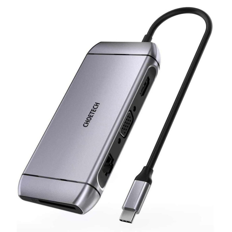 Daugiafunkcis USB HUB SD ir TF kortelių skaitytuvas HDMI 4K VGA Full HD RJ45 9in1 pilka