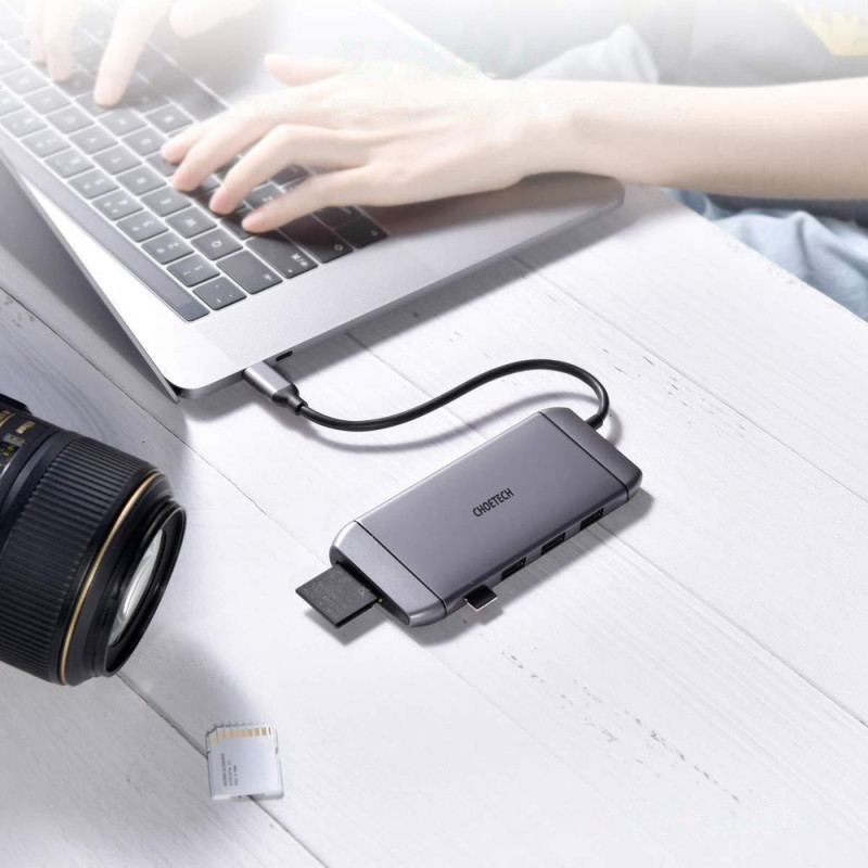 Daugiafunkcis USB HUB SD ir TF kortelių skaitytuvas HDMI 4K VGA Full HD RJ45 9in1 pilka